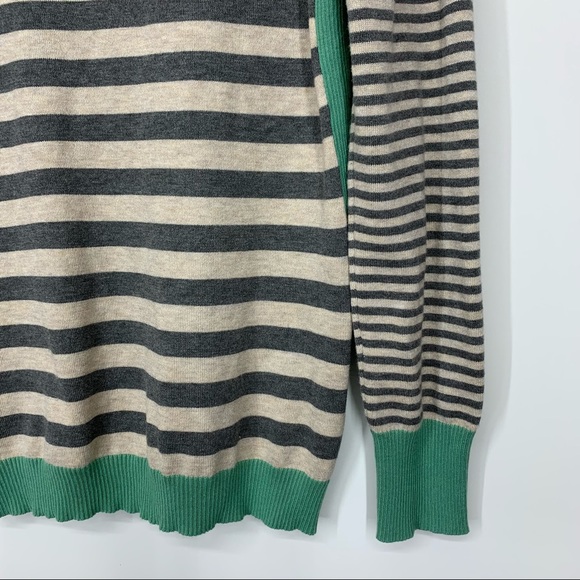 Olive & Oak Wide Striped Soft Preppy Fitted Scoop Neck Sweater Gray Cream Green - Picture 8 of 13